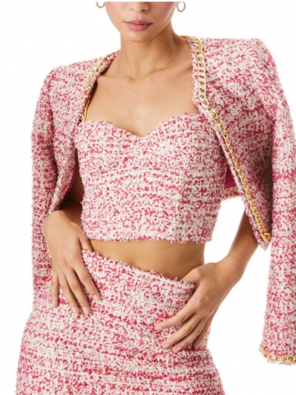 New Alice + Olivia White & Pink Tweed Crop Top Gold chain straps bustier top S 4 - Picture 5 of 6